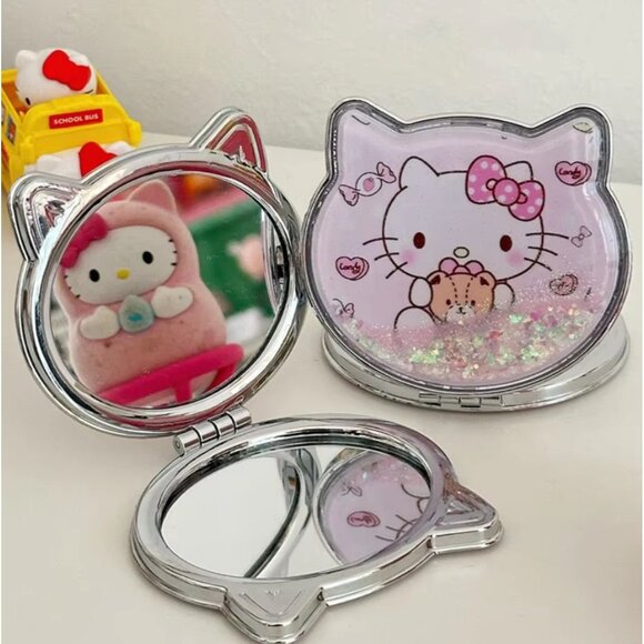 Hello Kitty Pink Glitter Compact Mirror Dual-Sided Folding Pocket Makeup Mirror - Picture 1 of 4